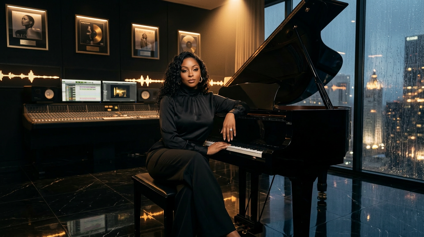 Tiffany Nacol at the grand piano in her private penthouse studio